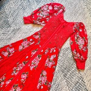 We Are HAH “Maiden Memphis” Corset Dress Prairie Boho Bustier Midi Red Floral